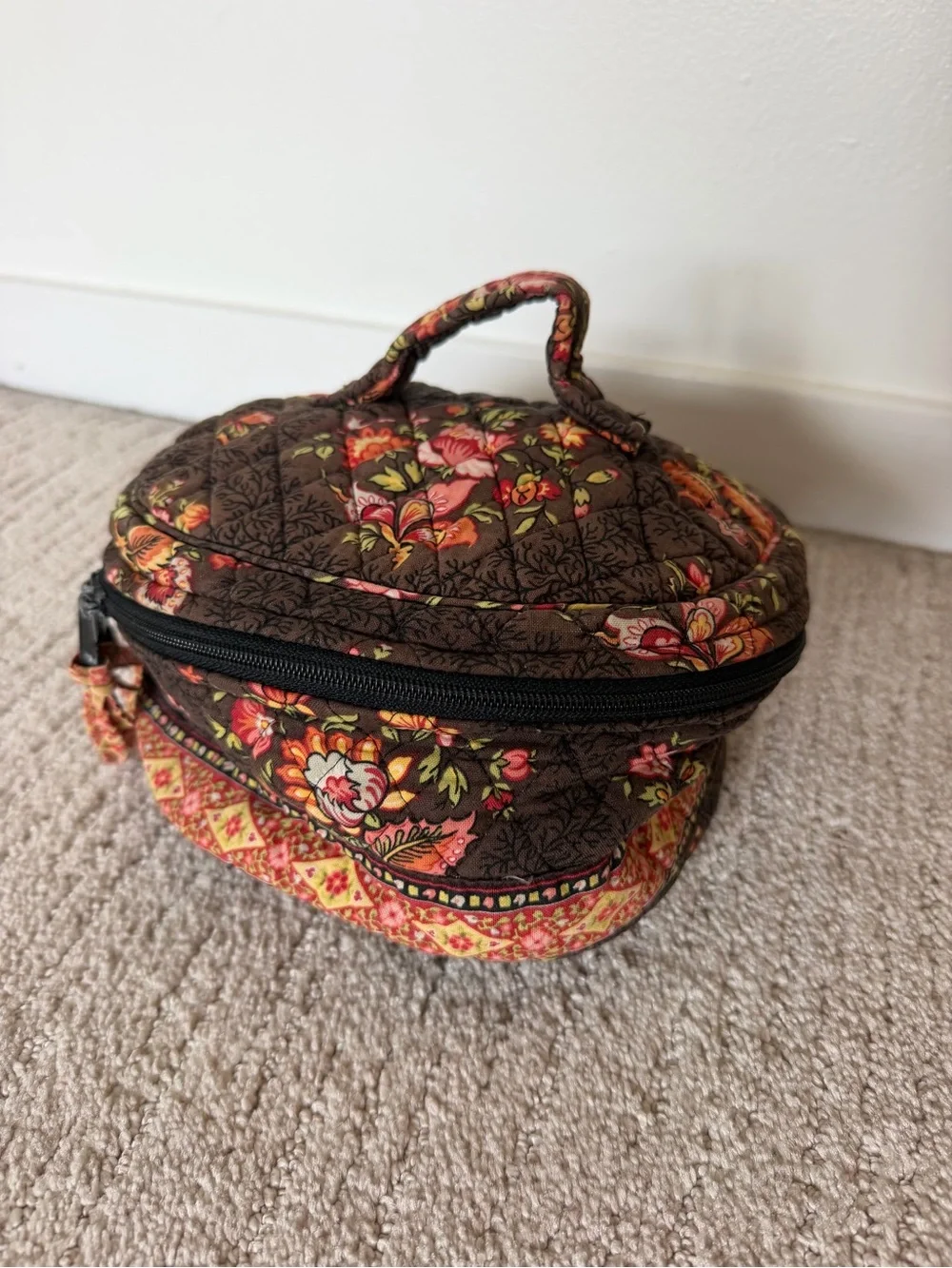 VERA BRADLEY Vintage Quilted Floral Brown Cosmetic Makeup Bag